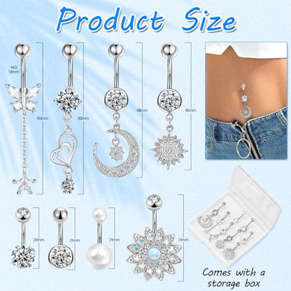 Lucomb Belly Rings for Women, 14G Belly Button Rings for Women Stainless Steel Dangle Belly Piercings Jewelry Rings with Hear Moon Butterfly Flowers - color: Silver