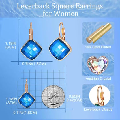 Austrian Crystal Square Leverback Drop Earrings for Women | Classic Square-Cut Crystal,14K Gold-Plated,Leverback for Easy Secure Wear,Gift Box Included,For Day and Evening Events - color: Bermuda Blue