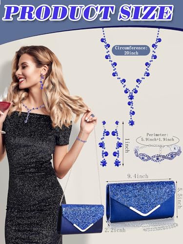 Henoyso 5 Pcs Purse Rhinestone Jewelry Set Prom Jewelry Rhinestone Clutch Purse Necklace Earrings Bracelets for Women Bride - color: Royal Blue