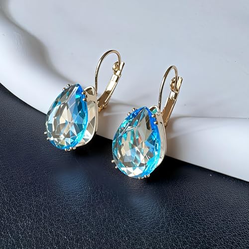 14K Gold Teardrop Crystal Leverback Earrings Sparkly Rhinestone Water Droplet Dangle Drop Earrings For Women - color: Sky Blue