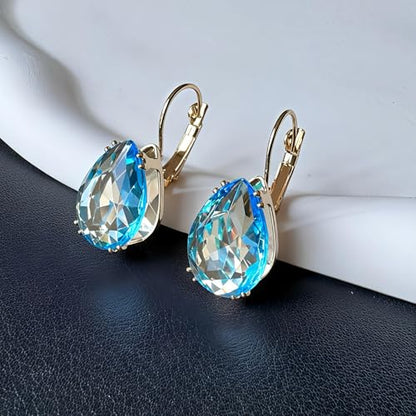 14K Gold Teardrop Crystal Leverback Earrings Sparkly Rhinestone Water Droplet Dangle Drop Earrings For Women - color: Sky Blue