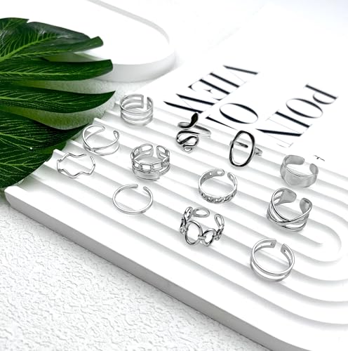 17PCS Silver Knuckle Rings for Women Stainless Steel Rings Set Midi Stackable Rings Simple Smooth Finger Rings Silver Adjustable Rings Jewelry Gift - color: 12 PCS