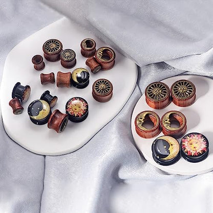 Qmcandy 2g-13/16 inch Sun Moon Natural Wood Wooden Acrylic Ear Tunnels Plugs Piercing Gauge Expander Set - color: 00g(10mm)
