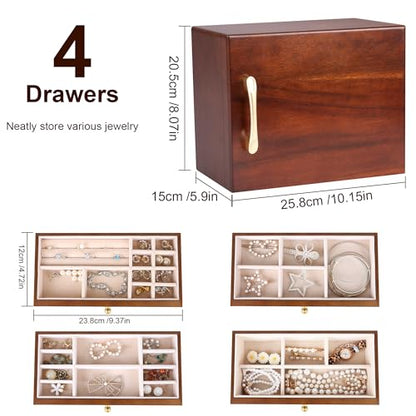 Kendal Wooden Jewelry Box for Women, Wooden Jewelry Organizer, 4-Layer Jewelry Organizer Box with Side Door, Single Door Jewelry Holder Organizer for Earrings, Necklaces, Rings
