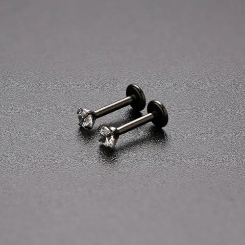 16G 18G Titanium Internal Thread CZ Stud Earrings Flat Back, Silver Black Tragus Helix Conch Cartilage Piercing Jewelry for Women Men 6mm 8mm 10mm Labret Studs 2PCS - color: Black, 16g, 8mm bar, 3mm White CZ