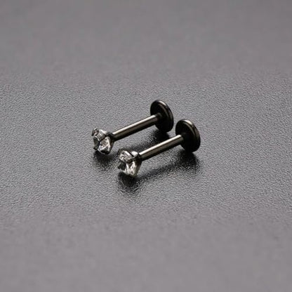 16G 18G Titanium Internal Thread CZ Stud Earrings Flat Back, Silver Black Tragus Helix Conch Cartilage Piercing Jewelry for Women Men 6mm 8mm 10mm Labret Studs 2PCS - color: Black, 16g, 8mm bar, 3mm White CZ