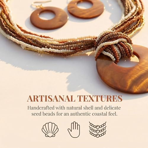 Coiris Multi Strand Statement Colorful Beaded Necklace with Big Circle Shell Pendant for Women - color: Dark Brown