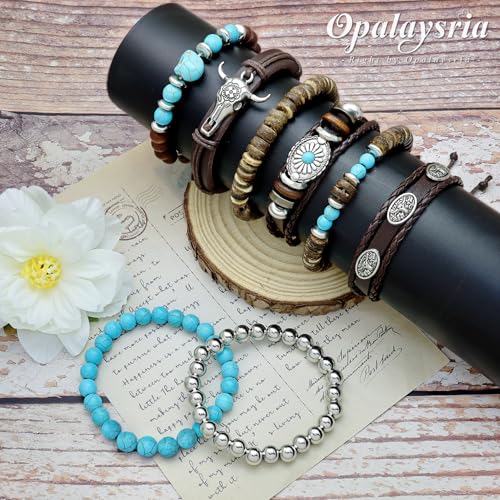 Stack Turquoise Western Bracelets for Women Boho Turquoise Beaded Concho Bangle Ox-Head Charm Cowboy Chic Bracelets Western Jewelry Cowgirl Accessory for Country Concert Outfits - color: Turquoise Skull