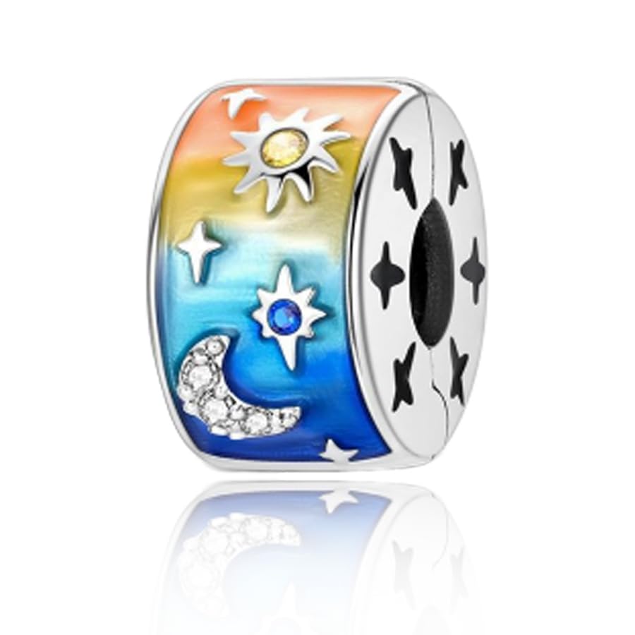 925 Sterling Silver Openable Clip Spacer Bead Fits Pandora Bracelet | Hypoallergenic Clip Stopper Charm, Star Clover Butterfly Floral Mom Heart Paved Zircon Gift for DIY Charm Bracelet Jewelry - color: Sun Moon Star