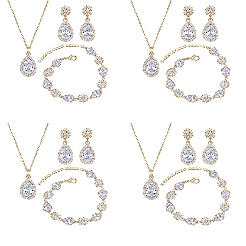 Bridesmaid Jewelry Set for Women,Pendant 18K Gold & Silver & Rose Gold Pendant Necklace Earrings Bracelet Set,Dainty Gift for Wedding/Proposal/Party/Anniversary - color: GOLD - 4 SETS