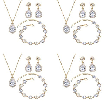 Bridesmaid Jewelry Set for Women,Pendant 18K Gold & Silver & Rose Gold Pendant Necklace Earrings Bracelet Set,Dainty Gift for Wedding/Proposal/Party/Anniversary - color: GOLD - 4 SETS
