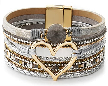 Suyi Multilayer Leather Wrap Bracelet Heart-Shape Wide Bracelets for Women - color: Silver