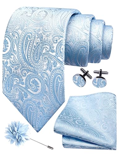 GUSLESON 3.15"（8cm） Mens Tie and Lapel Pin Paisley Necktie Hankerchief Cufflinks Set for Men - color: Baby Blue