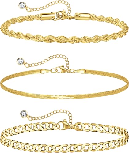 Plus Size Ankle Bracelets for Women - Extra Large 10"+2" Adjustable Anklet 14K Real Gold Plated Anklet Cuban Link, Figaro, Rope, Snake Herringbone - Summer Beach Waterproof Foot Jewelry - color: Curb, Snake, Rope