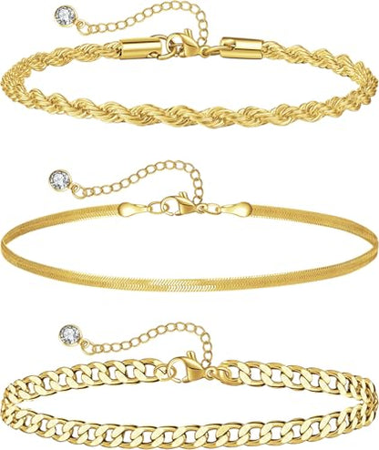 Plus Size Ankle Bracelets for Women - Extra Large 10"+2" Adjustable Anklet 14K Real Gold Plated Anklet Cuban Link, Figaro, Rope, Snake Herringbone - Summer Beach Waterproof Foot Jewelry - color: Curb, Snake, Rope