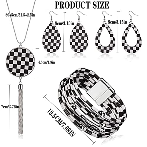4 Pieces Faux Leather Earrings Necklace Bracelet Set 4 Pieces Christmas Plaid Stripe Jewelry Set Multi-Layer Leather Bracelet, Dangle Leather Earrings Necklace Glitter Jewelry Set for Women - color: black and white 4