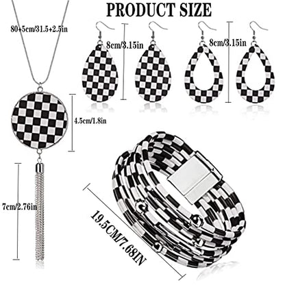 4 Pieces Faux Leather Earrings Necklace Bracelet Set 4 Pieces Christmas Plaid Stripe Jewelry Set Multi-Layer Leather Bracelet, Dangle Leather Earrings Necklace Glitter Jewelry Set for Women - color: black and white 4