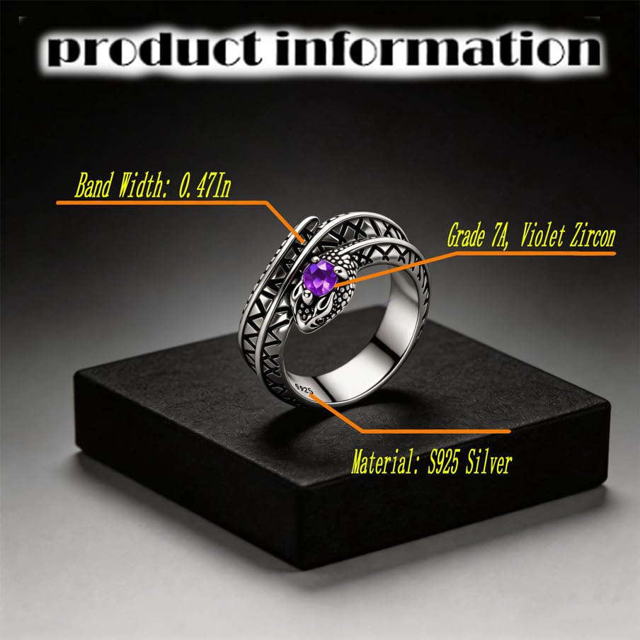 HAIXIAN Innovation Retro Snake Inlaid with 7A grade Zircon Gemstones Ring,S925 Sterling Silver Punk Gothic Cocktail Party Creative Snake Ring for Women - color: Ring_A