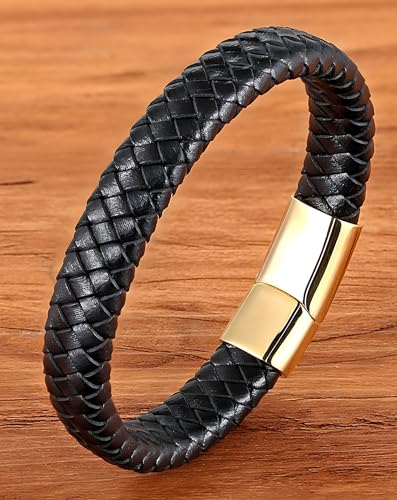 Leather Bracelet for Men, Braided Mens Cuff Bracelets with Stainless Steel Clasp Stacked Multi Style Color Anniversary Father's Day Birthday Christmas Jewelry Gifts for Him - color: Gold Clasp & Black Leather