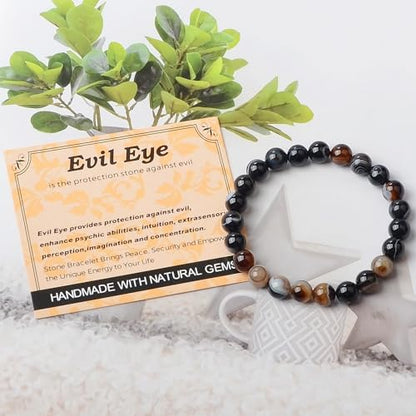MASSIVE BEADS Handmade Yoga Stretch Elastic Bracelet Natural Stone Crystal Healing Power Energy Gifts for Unisex Adult 4mm 6mm 8mm 10mm - color: Evil Eye Agate(Against Evil), size: 8mm