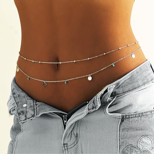 Waist Chains for Women Gold Waist Chain Silver Belly Chain Adjustable Layered Body Chain Sequin Belly Chains Sexy Bikini Beach Jewelry for Women (26.8-36.6 Inch) - style: turquoise+silver