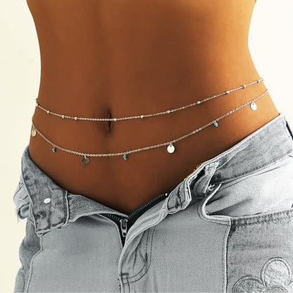 Waist Chains for Women Gold Waist Chain Silver Belly Chain Adjustable Layered Body Chain Sequin Belly Chains Sexy Bikini Beach Jewelry for Women (26.8-36.6 Inch) - style: turquoise+silver