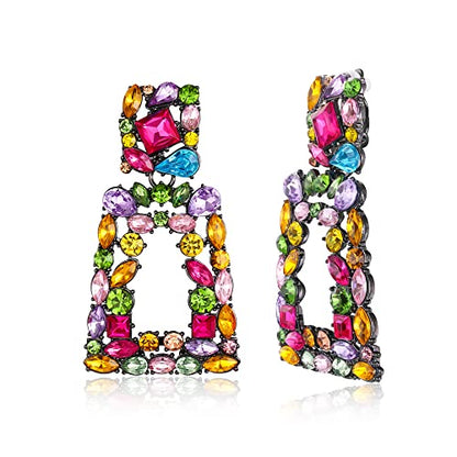 Flyonce Rectangle Clip-on Drop Earrings for Women, Sparkly Rhinestone Crystal Geometric Statement Non Pierced Earring Wedding Prom Party Jewelry for Brides Bridesmaid - color: Multicolor Black-Tone