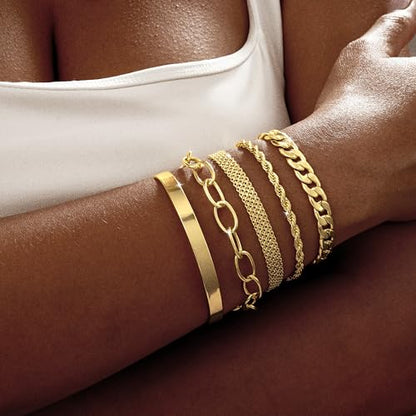 Dainty Bracelet for Women 14K Gold Plated Cross Pearl CZ Leaf Bracelets Set Gold Layering Bracelets Everyday Jewelry - color: 5 Layer Cuff Set -GD