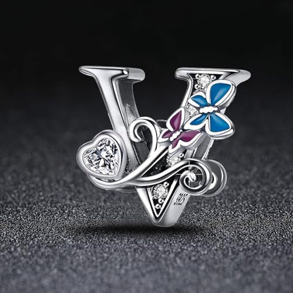 S925 Silver Butterfly Initial Letter Charms Fit for Pandora Charms Bracelets and Necklace Alphabet Bead Charms Jewelry Gifts for Women - color: V