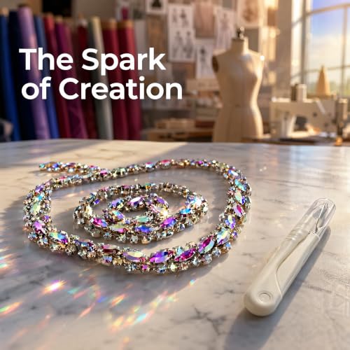 Rhinestone Chain Trim 1 Yard Sew-On Crystal for Wedding Bridal | 90cm long, 1.5cm wide marquise AB crystal bling chain with craft scissors for bridal dress veil cake DIY - color: Rainbow