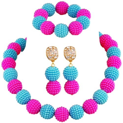 Nigerian Wedding African Beads Jewelry Set Women Simulated Pearl Necklace and Earrings - color: Fuchsia PInk-Lake Blue