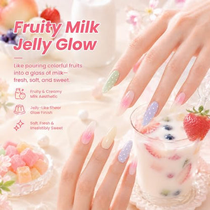 Beetles Fruity Milk Jelly Gel Nail Polish Set, 6 Colors Pastel Gel | Sheer Gel Polish Kit Pink Purple Blue Peach Nude Green Yellow Translucent Effect Soak Off UV Nail Art Manicure Gift for Women - color: 0-0-0-Fruity Milk