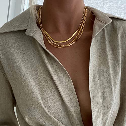 DEARMAY 14K Gold Plated Herringbone Necklaces for Women, Dainty Gold Snake Choker Chain Non Tarnish Trendy Simple Thin & Chunky Options Neckalce 1.5/3/5/6/8mm Chain Jewelry for Gifts - color: 3Pcs Gold Necklace Set (Herringbone+Cuban+Rope)