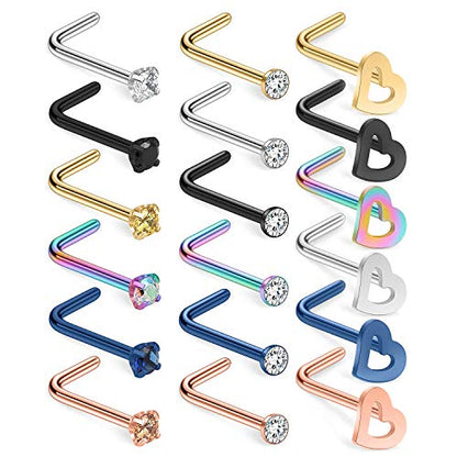 SCERRING 20G 18PCS Stainless Steel Heart Bone L Shaped Screw Nose Stud Rings Piercing Jewelry 2mm Cubic Zirconia - style: 18PCS - L Shaped