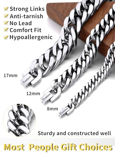 ChainsHouse Stainless Steel Cuban Link Bracelet, 6mm/8mm/12mm/17mm Width, 7.5"/8.3"/9", Black/ 18K Gold Plated Chain Wrist Bracelets for Men Women, Send Gift Box - color: P: Steel-8mm width-custom