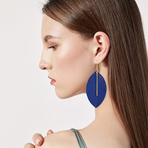 YUNXI Large Genuine Soft Leather Handmade Fringe Feather Lightweight Leaf with Simple Drop Metal Bar Tear Drop Dangle Color Earrings for Women - color: Royal Blue