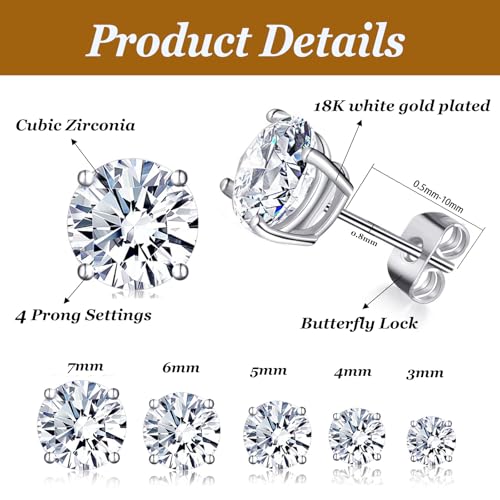 6 Pairs Cubic Zirconia Stud Earrings for Women/Men - Round Cut 4 Prong Settings 18K Gold Plated Hypoallergenic 3-8mm Clear Earrings Set - color: 3-7mm Wihte Gold - Round 4 Prong