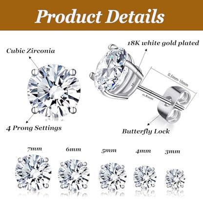 6 Pairs Cubic Zirconia Stud Earrings for Women/Men - Round Cut 4 Prong Settings 18K Gold Plated Hypoallergenic 3-8mm Clear Earrings Set - color: 3-7mm Wihte Gold - Round 4 Prong