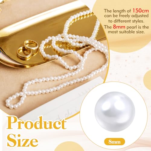 Kerros 150cm Fake Pearl Necklace for Women, 8mm Layered Strand, White | Long White Imitation Pearl Strand, 8mm Plastic Beads for Weddings, Halloween, Costumes and Parties