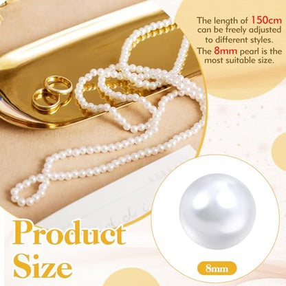 Kerros 150cm Fake Pearl Necklace for Women, 8mm Layered Strand, White | Long White Imitation Pearl Strand, 8mm Plastic Beads for Weddings, Halloween, Costumes and Parties