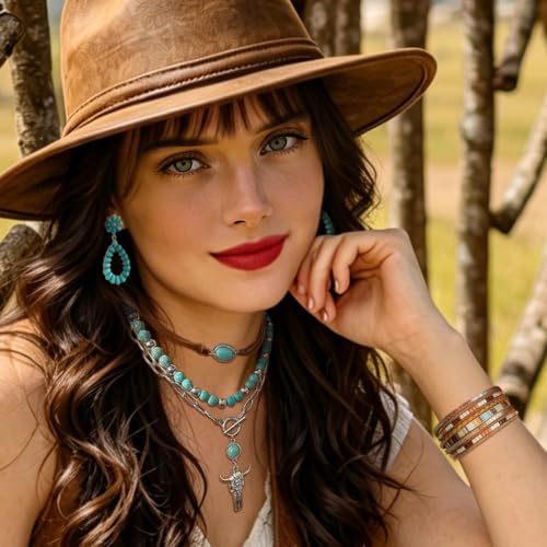 RechicGu Western Jewelry For Women Bohemian Turquoise Dangle Earrings Necklace Bracelet Set, Bullhead Pendant Layered Choker Boho Faux Leather Wristband Country Concert Cowgirl Accessories - color: Jewelry Set A
