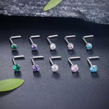 ASTM F136 Titanium Nose Rings 18G 20G 22G Jeweled Mix Color CZ Nose Studs Ring Screw L-Shaped Bone Hypoallergenic Nostril Body Piercing Jewelry for Women 1.5mm 2mm 2.5mm 3mm 10PCS - style: L-Shaped:20G(0.8mm)-2.5mm CZ