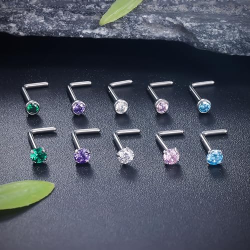 ASTM F136 Titanium Nose Rings 18G 20G 22G Jeweled Mix Color CZ Nose Studs Ring Screw L-Shaped Bone Hypoallergenic Nostril Body Piercing Jewelry for Women 1.5mm 2mm 2.5mm 3mm 10PCS - style: L-Shaped:18G(1.0mm)-2.5mm CZ