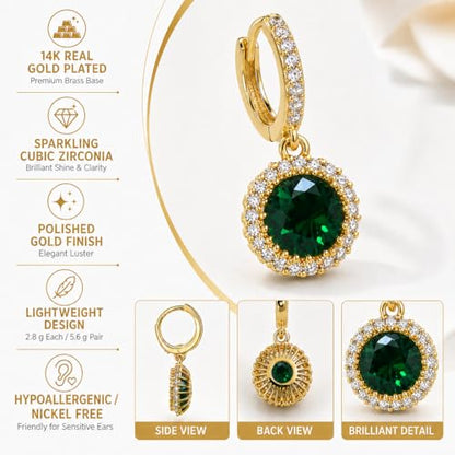 14K Gold Plated Hoop Dangle Earrings for Women, Hypoallergenic Colorful Cubic Zirconia Drop Earrings, Lightweight Huggie Earrings for Women - color: Gold/Emerald Green