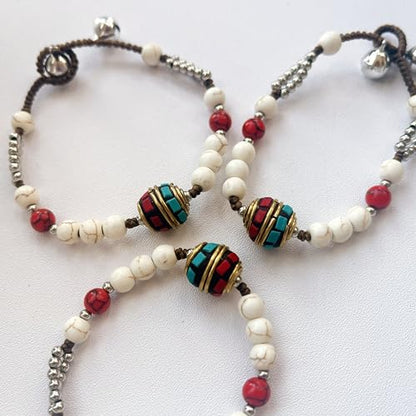 Petite Adjustable Boho Bracelet for Small Wrists 6-7.5 Inch - Handmade Nepalese Buddhist Prayer Bracelet with Elephant Charm, Brass Bell, Turquoise Stone & Tibetan Mantra Beads, Spiritual Lucky Gift - color: Silver-2Pcs