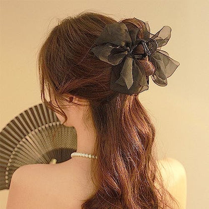 Black Mesh Tulle Bowknot Hair Claw Clips - Large Chiffon Clips for Women's Thick Hair, Elegant Hair Accessories - color: black
