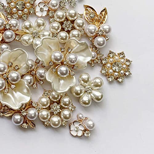 22 Pieces Pearl Rhinestone Buttons Rhinestone Faux Pearl Embellishments Pearl Brooch Alloy Floral Charms Pendants for Jewelry Making