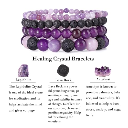Vinswet 4pcs Beaded Bracelets for Women,Natural Healing Crystal Gemstones Bracelet,Anxiety Stress Relief Bracelet Handmade purple Jewelry Gifts for Women - color: Lepidolite&Lava Rock&Amethyst