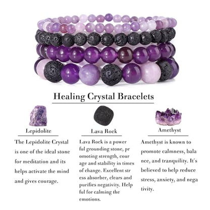 Vinswet 4pcs Beaded Bracelets for Women,Natural Healing Crystal Gemstones Bracelet,Anxiety Stress Relief Bracelet Handmade purple Jewelry Gifts for Women - color: Lepidolite&Lava Rock&Amethyst