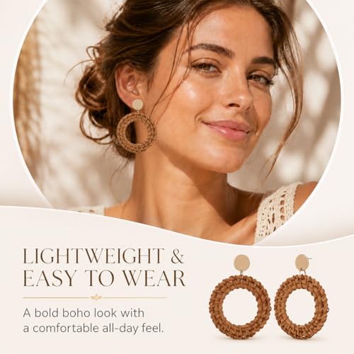 Handmade Raffia Rattan Bohemian Dangle Earrings for Women, Woven Rattan Round Drop Dangle Earrings Beach Jewelry - color: Round A